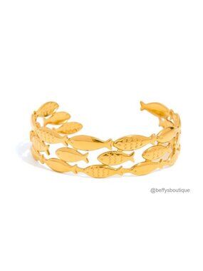 Chunky Gold Cuff Bangle Bracelet Fish Starfish Statement Adjustable Jewelry